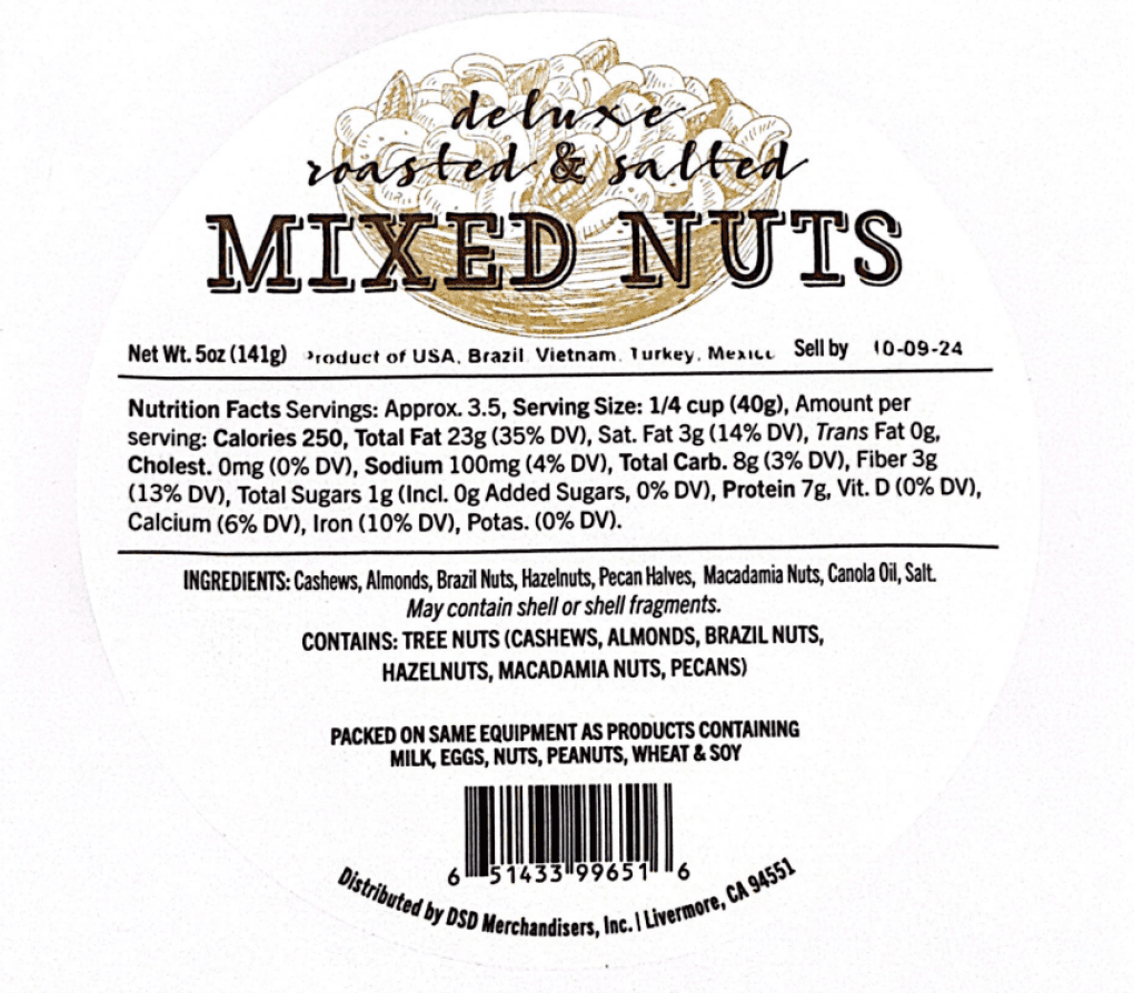 On June 24, 2024, DSD Merchandisers, LLC disclosed that their product "Deluxe Roasted & Salted Mixed Nuts," sold under the brand DSD Merchandisers, Inc., contains undeclared peanuts, posing a risk to those allergic to peanuts.