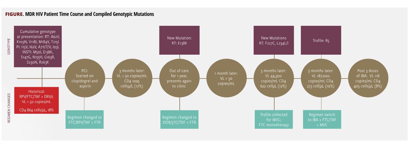 Key Terms: RT: reverse transcriptase inhibitor, PI: protease inhibitors, INSTI: integrase strand transferase inhibitors, VL: viral load, PCI: percutaneous coronary intervention, BIC: bictegravir, FTC: emtricitabine, TAF: tenofovir alafenamide, DRV/c: darunavir/cobicistat, RPV: rilpivirine, FTR: fostemsavir, DOR: doravirine, 3TC: lamivudine, TDF: tenofovir disoproxil fumarate, IBA: ibalizumab, MVC: maraviroc, PJP: pneumocytisi jirovecci pneumonia
