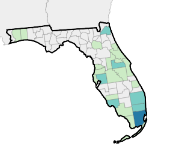 Florida has the highest number of DENV cases, totaling 218.