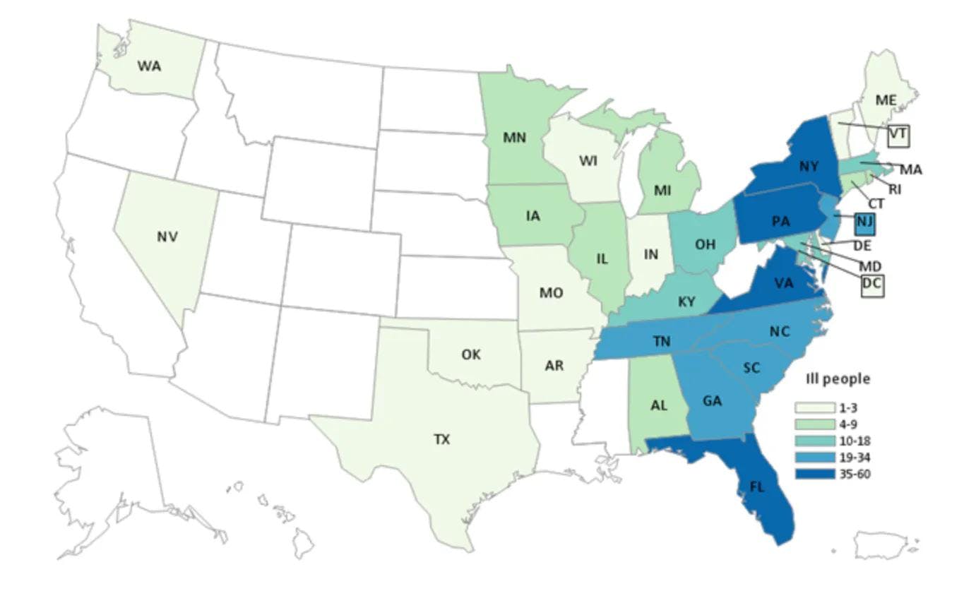 Persons infected with the outbreak strain of Salmonella Africana and Braenderuo, by state of residence, as of July 1, 2024. Image credits: FDA